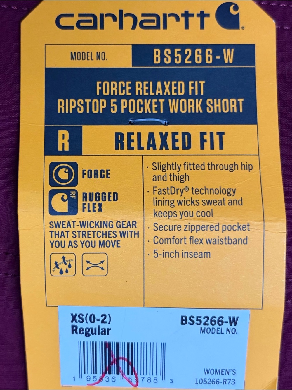 Carhartt Women's Force Relaxed Fit Ripstop 5-Pocket Shorts Maroon Size XS NWT - Picture 11 of 11